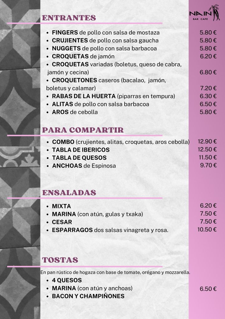 CARTA: Entrantes, para compartir, ensaladas y tostas.